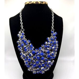 VINTAGE Deep Blue Rhinestone Bib Necklace 18" + 3"